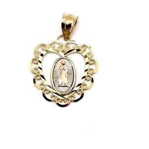 14k Gold TRI-COLOR VIRGIN MARY HEART PENDANT NECKLACE